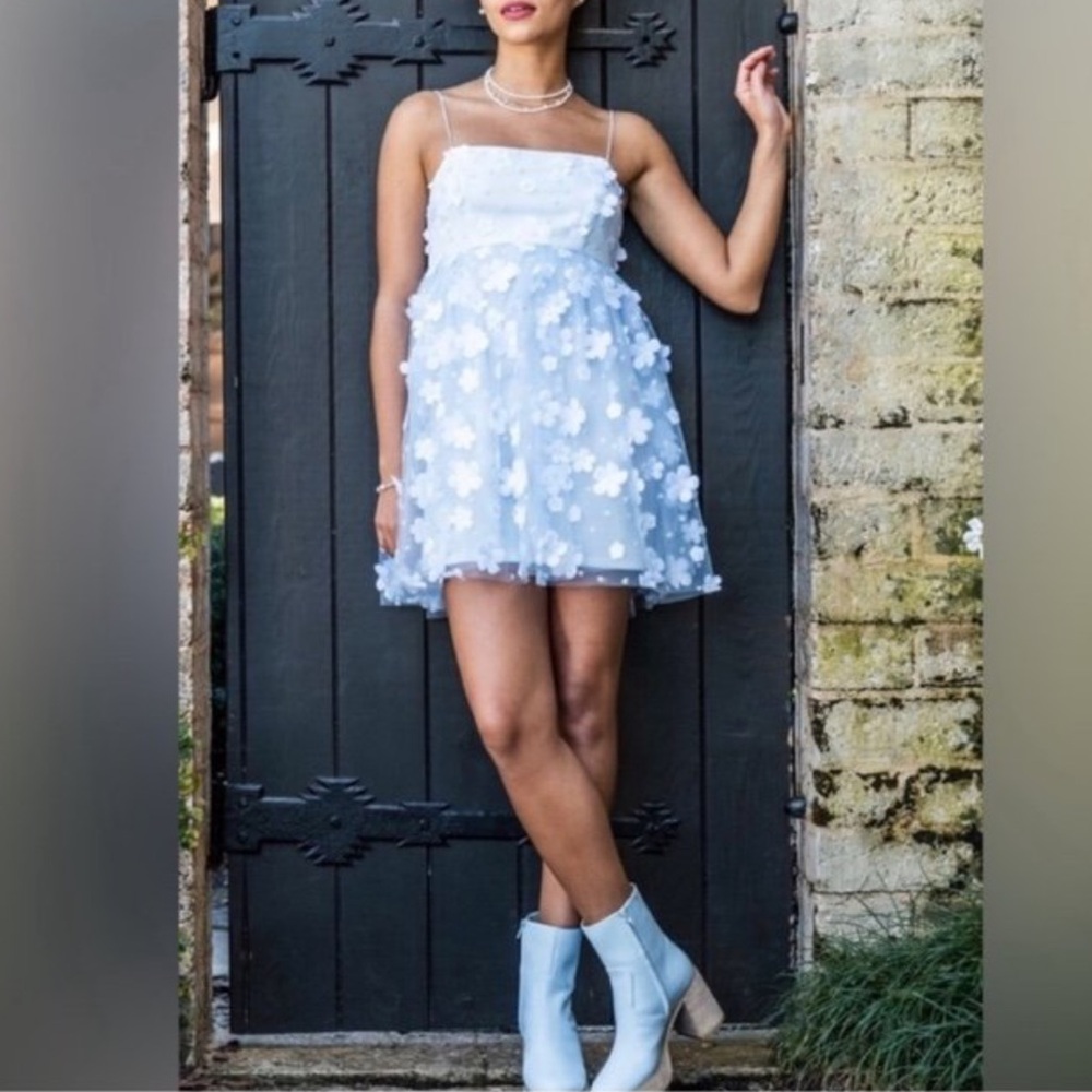 Light Blue Floral Appliqué Tulle Dress | Spaghetti Strap Party Dress